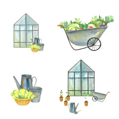a set of watercolor illustrations on a country theme, garden pictures, postcards for farmers, harvest, vegetables