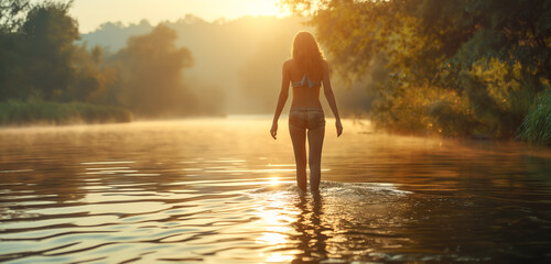 Woman with bare feet walking along the bank of a river at sunset in summer