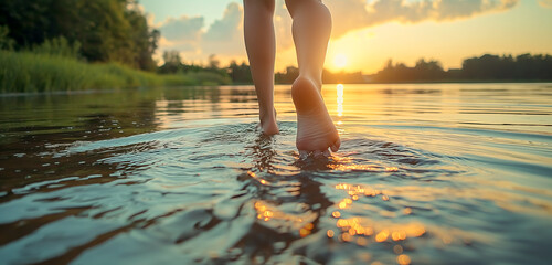 Bare feet walking along the bank of a river at sunset - Powered by Adobe