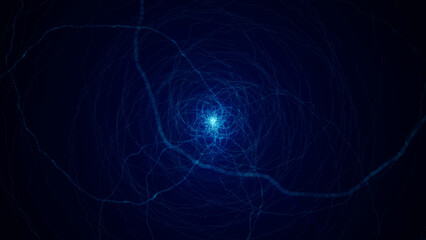 Abstract animation of a glowing blue vortex spinning around a bright center and ejecting bursts of...