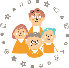 模様の円で囲まれたシニアとサポートメンバー　イラスト素材
