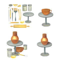 illustration for a ceramics workshop drawn in watercolors. Handmade dishes made from clay on a potter's wheel. Tournette for sculpture and ceramist pottery
