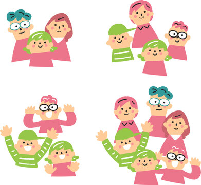 笑顔の大人と元気な子どもたち　セット　イラスト素材
