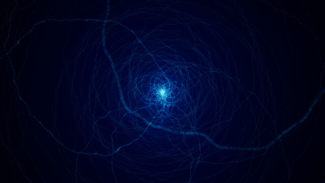 Abstract animation of a glowing blue vortex spinning around a bright center and ejecting bursts of particles into space. Sci Fi digital futuristic fantasy animation.