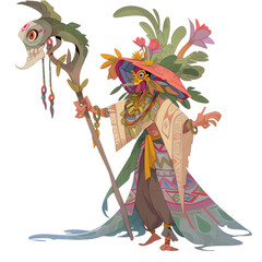An illustration of a bird-human wearing tribal clothing holding a staff