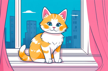 Cute ginger kitten sitting on the window overlooking the city.