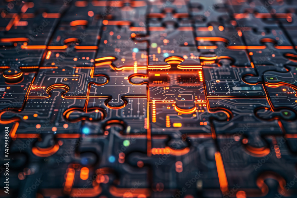Poster a close up of a puzzle with a circuit board in the background