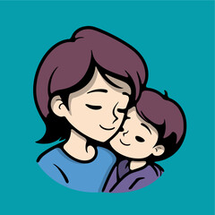 Asian mother and son hugging
