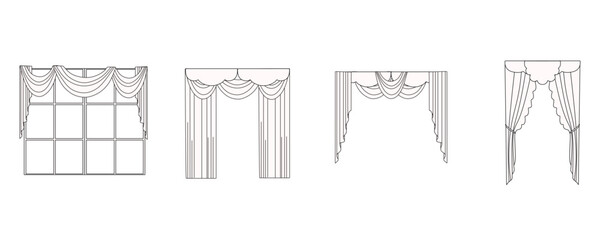 curtains drawn in vector, textile interior design, window decoration - obrazy, fototapety, plakaty