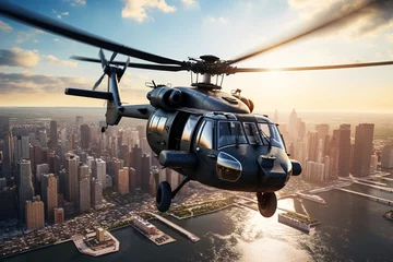 Fotobehang Verenigde Staten a helicopter flying over a city
