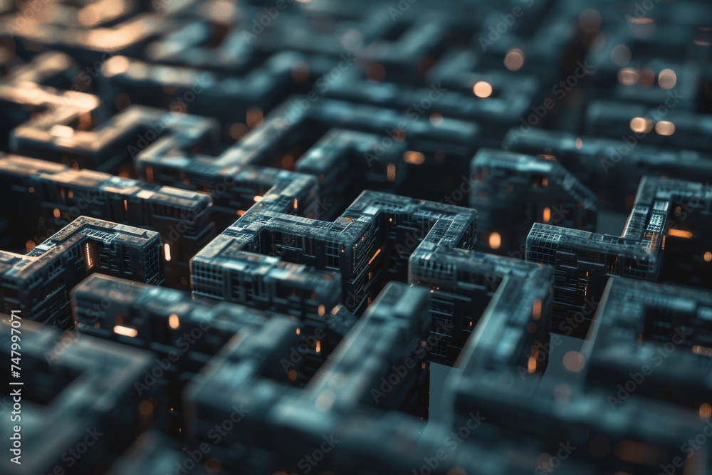 Poster a computer generated image of a maze that looks like a city