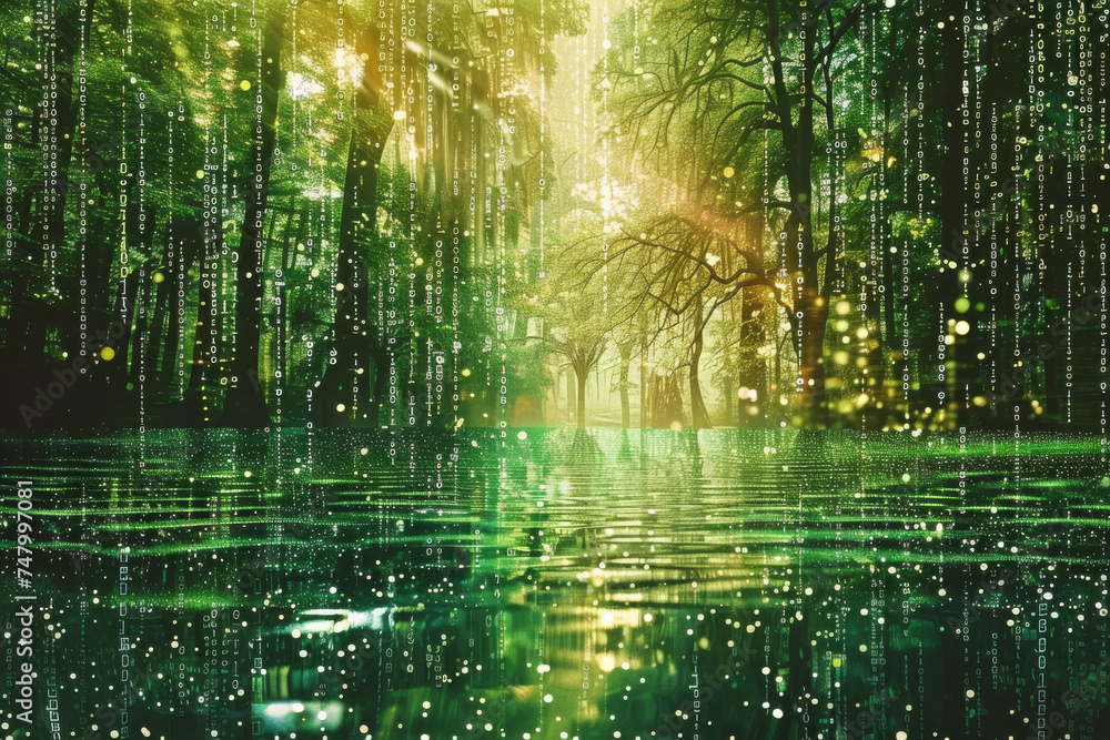 Poster a computer generated image of a forest with numbers coming out of the trees