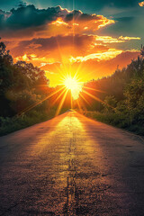 Sun with starburst effect on an empty road in a park - obrazy, fototapety, plakaty