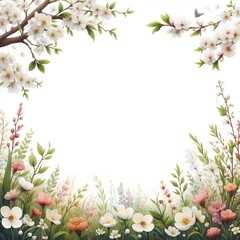 Illustration of a square frame surrounded by spring flowers with an area for writing text or poetry in the center on a white background.
For writing invitations, greetings, or quotes.