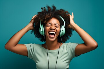 a woman wearing headphones and laughing