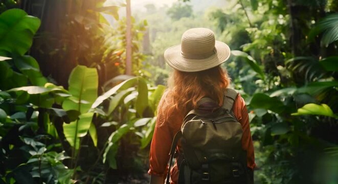 Woman traveler wearing hat and backpack walking on forest or jungle, trekking and tourist. Back view.