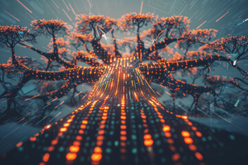 A tree with a lot of lights on it - obrazy, fototapety, plakaty