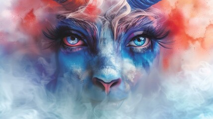Artistic Lion Portrait with Blue and Red Smoke Effects