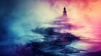 Pagoda in Ethereal Fog Over Mystical Waters