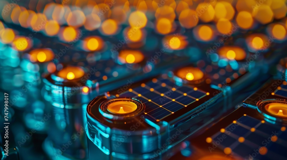 Poster macro view of high-tech quantum processors with a striking blue and orange bokeh effect, embodying s