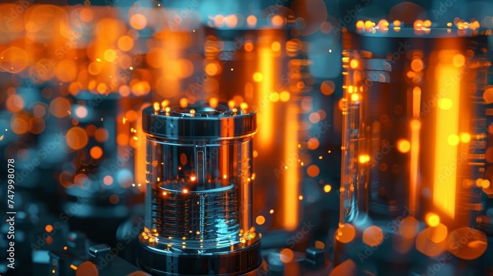 Poster a close-up of quantum computing processors with vibrant orange and blue illumination, symbolizing cu