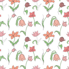 pattern of tulip flower drawn in vector, postcard with spring flower.