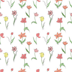 pattern of tulip flower drawn in vector, postcard with spring flower.