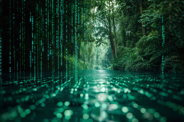 A river in the middle of a forest with numbers coming out of the water