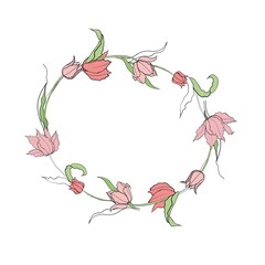 frame of tulips drawn in vector, spring flower. Mother's Day card, print for fabric