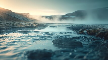 Naklejka premium Twilight descends on a serene landscape of geothermal hot springs, with steam rising gently over the warm, mineral-rich waters against a soft blue sky.