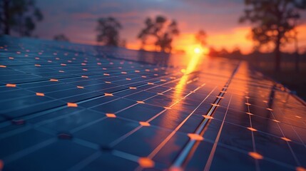 Close-up view of solar panels with the setting sun casting a warm glow over a peaceful countryside. - obrazy, fototapety, plakaty