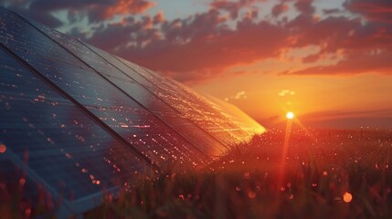 Dawn breaks over a field of dew-covered solar panels, reflecting the promise of renewable energy. - obrazy, fototapety, plakaty
