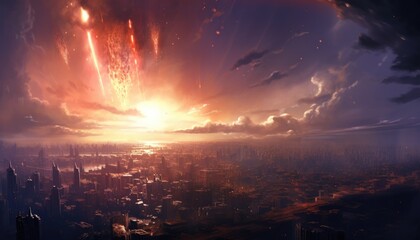 sci-fi scene of the meteorites explodes in the sky - obrazy, fototapety, plakaty