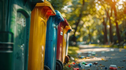 Fotobehang Colorful recycling bins line up on a park path, contrasted by litter on the ground, highlighting the need for environmental cleanliness. © Rattanathip