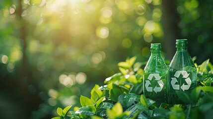 Two green bottles with recycling symbols amidst lush leaves, highlighted by the sun, conveying eco-friendly practices. - obrazy, fototapety, plakaty