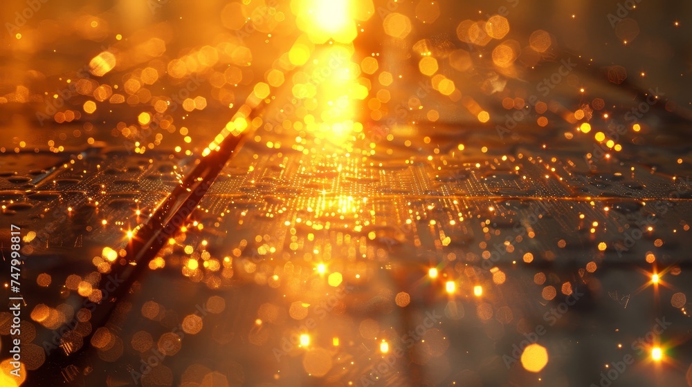Aufkleber close-up of an electronic circuit board with a warm golden glow and bokeh light effects, symbolizing
