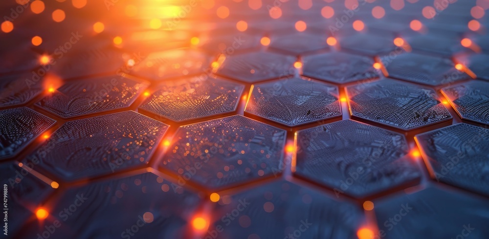 Aufkleber macro shot of hexagonally patterned circuitry with red neon light accents, depicting advanced techno