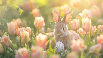 Tulips and fluffy bunny with Easter egg in soft-focus meadow. Bunny and colorful tulips share a peaceful Easter morning in meadow.