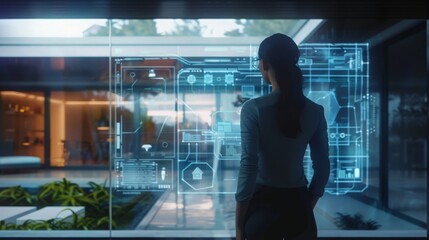 A woman stands in a contemporary home environment, engaging with an advanced holographic interface that displays various digital readouts and diagrams.