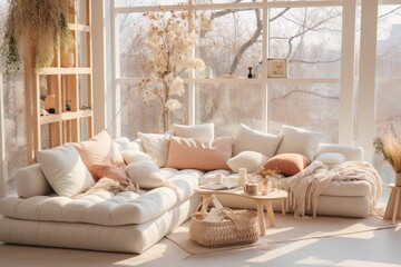 Bright modern scandinavian living room with large windows - magazine photoshoot in studio lighting