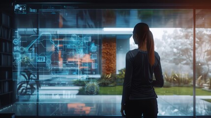 A woman stands before a transparent screen displaying an advanced graphic interface with intricate designs and data visualizations.