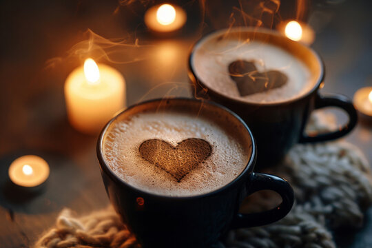 Cappuccino with picture on milk , cup with steam, candle in the style of light black and dark beige, engineering/construction and design, photo taken highly detailed, close up.