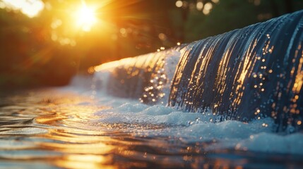 The warm glow of the sunset illuminates cascading water over a weir, creating a serene atmosphere with sparkling water droplets. - obrazy, fototapety, plakaty
