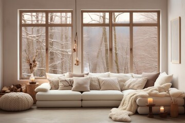 Cozy living room interior with beige comfortable couch and warm knit blanket for sale