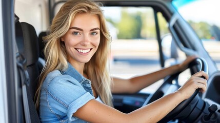 Happy female truck driver driving a large truck against city background with copy space