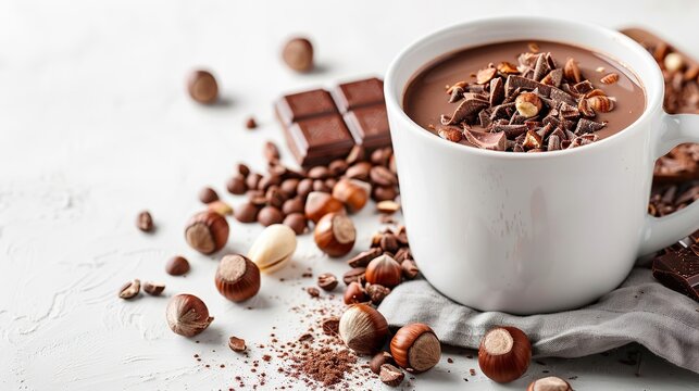 Hazelnut chocolate drink in a white mug with a white backdrop and a big space for text or product with top view, Generative AI.