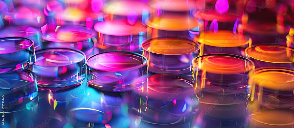 Poster a group of vibrant, colorful glasses arranged neatly on top of a wooden table. each glass reflects l