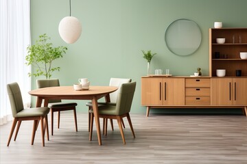 Mint green chairs and round wooden dining table. scandinavian mid-century home interior design