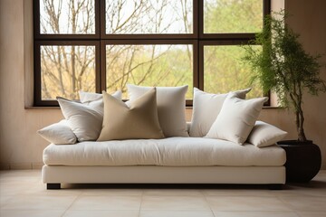 Scandinavian white sofa with plaid, cushions, and knitted rug near grid window and green houseplants