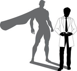 A superhero male scientist, engineer, doctor or teacher in a lab white coat man. Revealed by his shadow silhouette as a super hero in a cape.